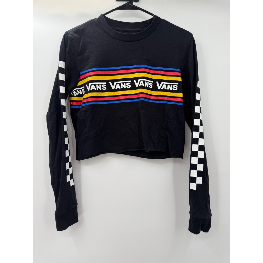 Vans Womens Long Sleeve Crop Top Black Checkerboard Logo Stripe Small